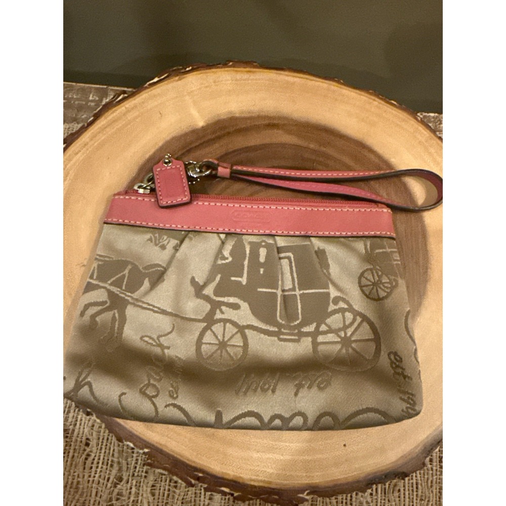 Coach Horse & Carriage Khaki Canvas Pink Leather Zip Up Wrislet Clutch Bag New